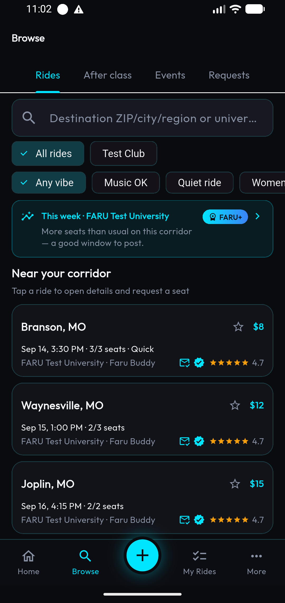 FARU Browse rides board with hometown destinations and verified classmates