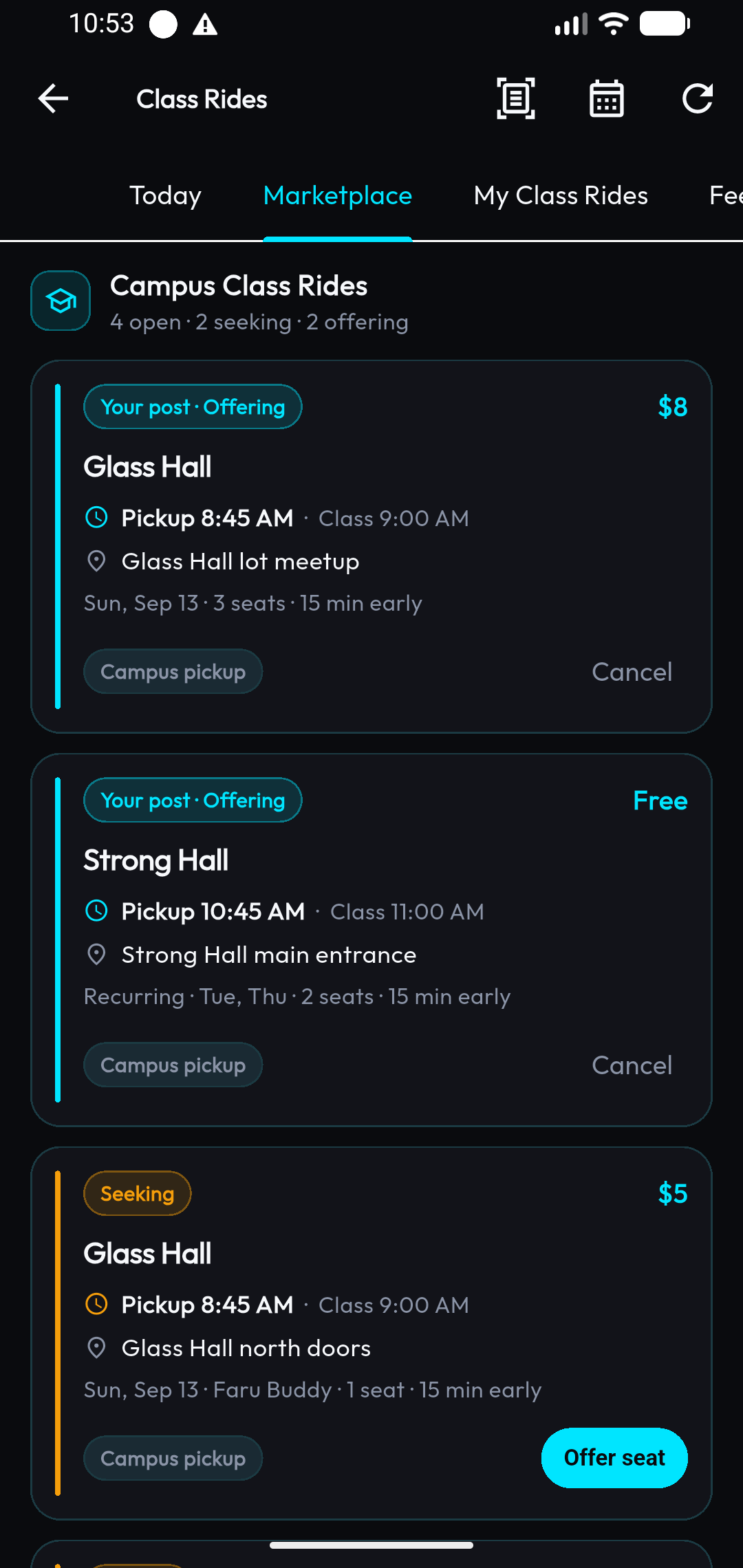 FARU Class Rides marketplace with seeking and offering posts for campus buildings