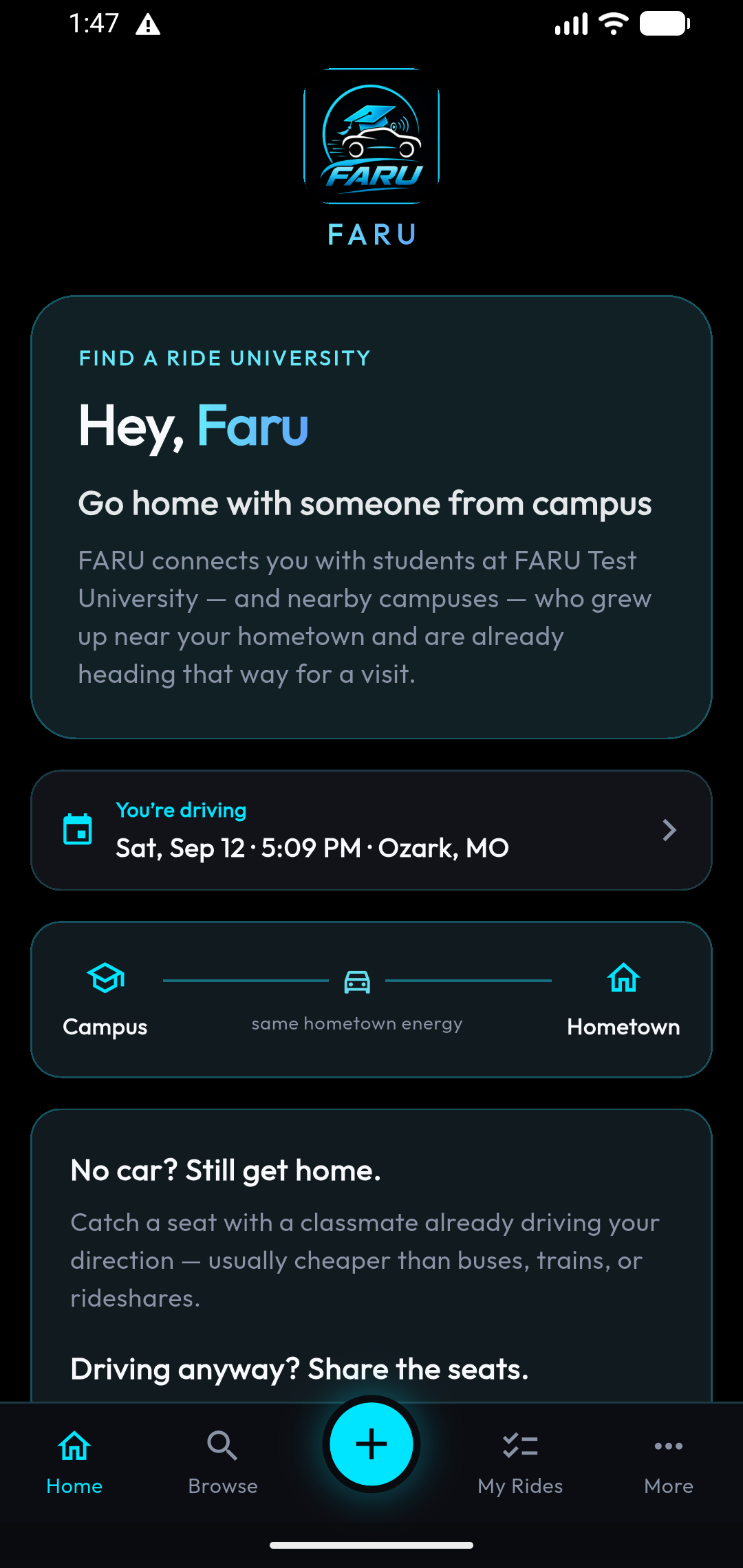 FARU home — start a ride home with someone from campus