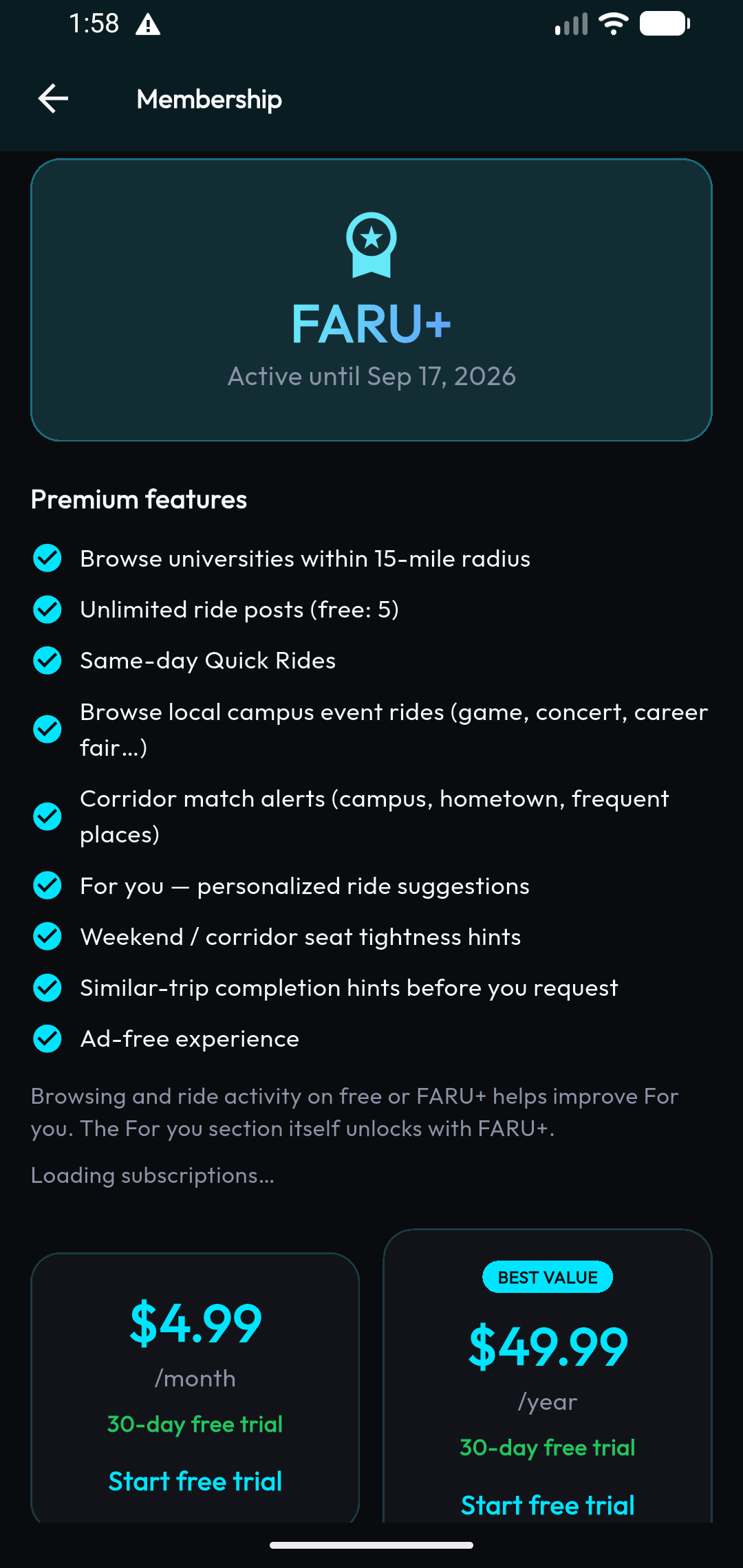 FARU+ membership — corridor alerts for hometown and break trips
