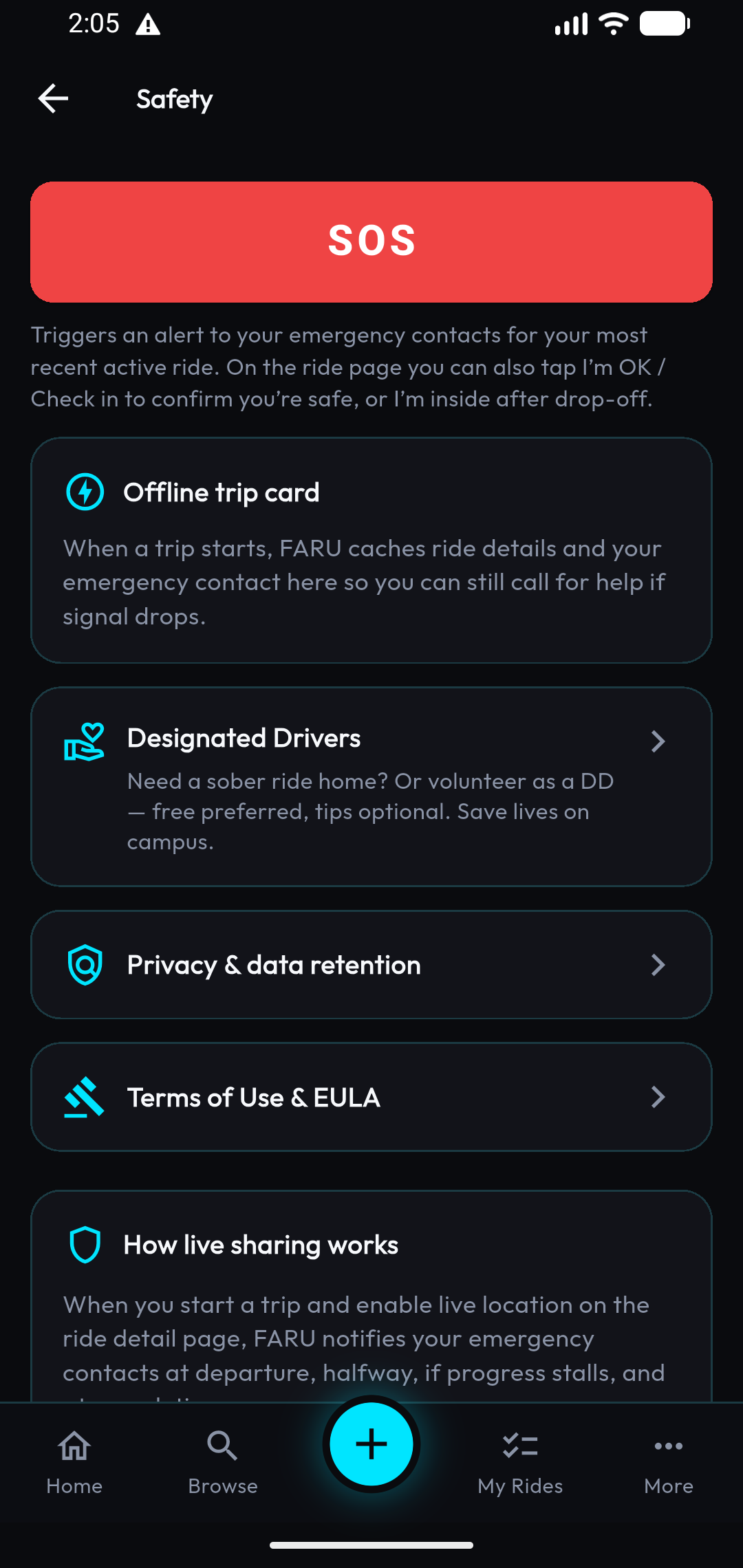 FARU Safety hub with SOS, offline trip card, and Designated Drivers