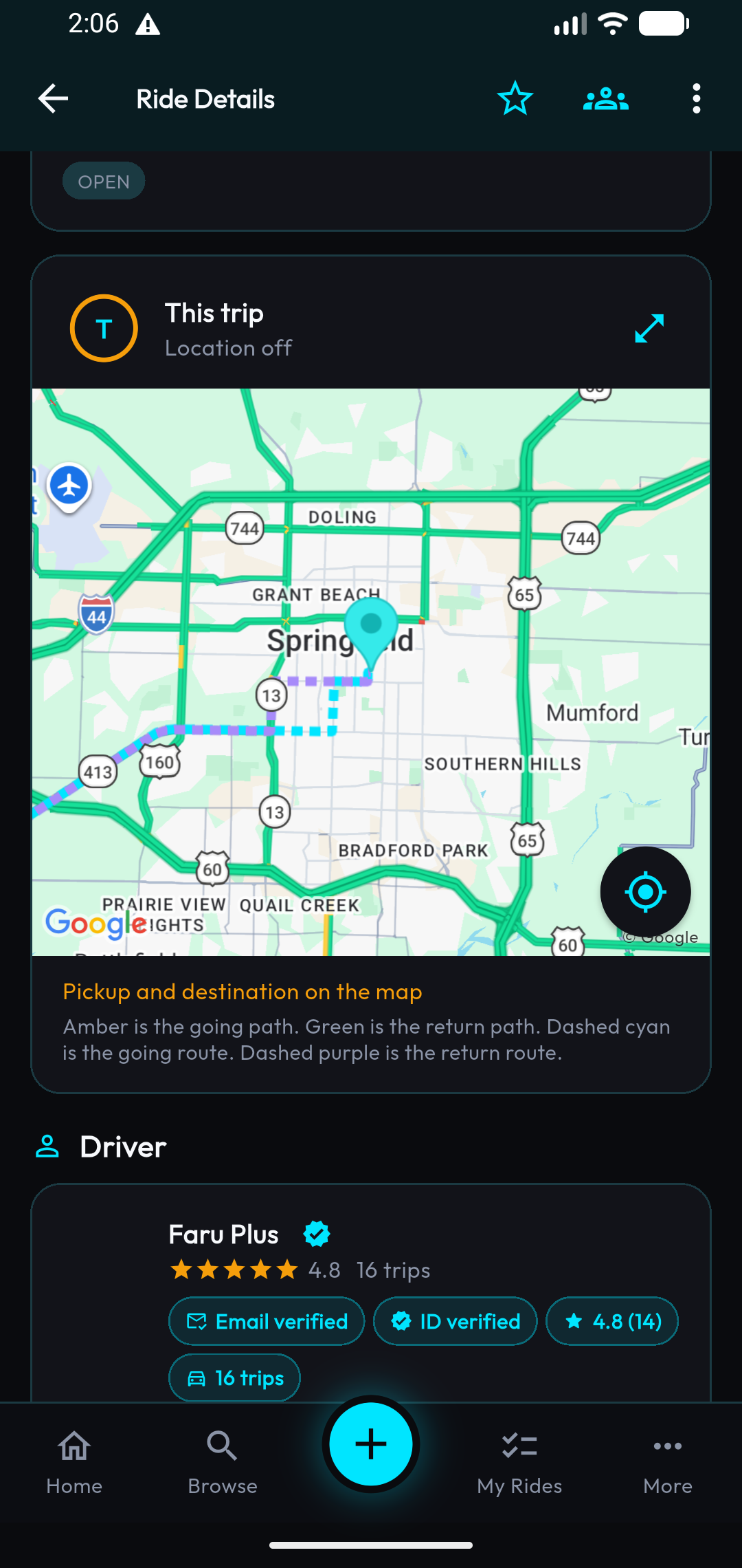 FARU ride details with trip map and verified classmate driver for a matched trip